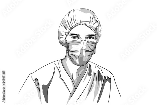 Doctor wearing a mask Vector sketch. Storyboard character detailed illustrations