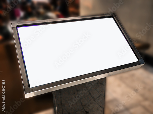 Digital media blank black and white screen modern panel, signboard for advertisement design in a shopping center, airport, gallery. Mockup, mock-up, mock up with blurred background, digital kiosk.