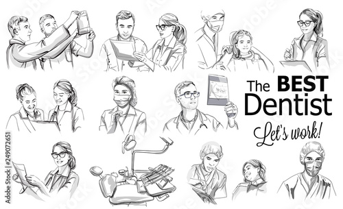 Dentist doctors storyboard Vector. Medical team concept set. Hospital medical staff team doctors nurses surgeon vector sketch illustrations