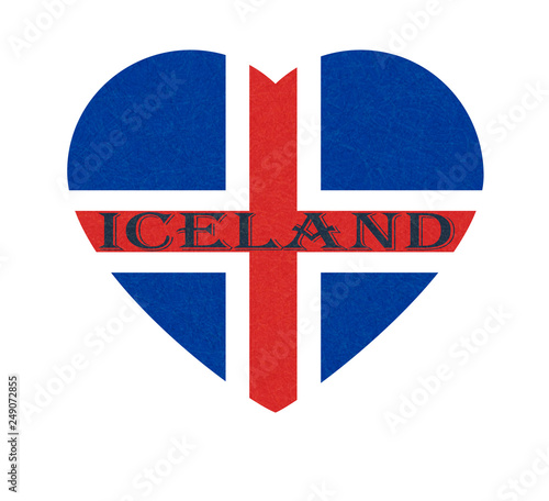 Iceland flag in heart shape. Isolated button of icelandic banner with scratched texture, grunge. Flat style, vector illustration with noise, marble textured background. Horizontal orientation.