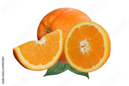 composition with orange and two slices on an isolated white background