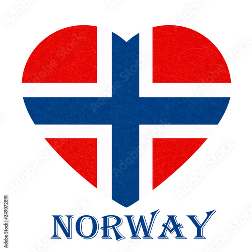 Norway flag in heart shape. Scandinavian country. Isolated Norwegian banner with scratched texture, grunge. Flat style, vector with noise, marble textured background. Square orientation.