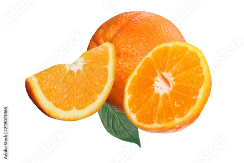 whole. half and quarter of fresh orange isolated on white background