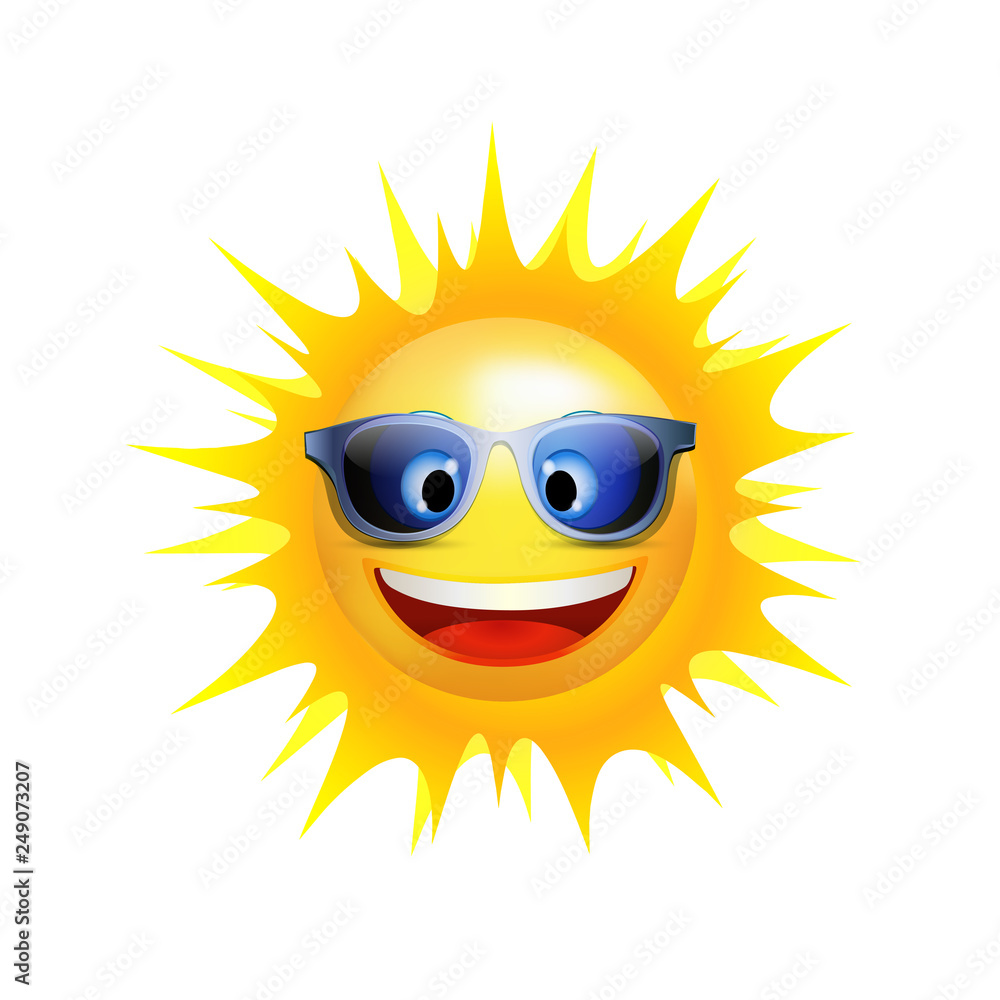 Summer concept with sun face character smiling. Cartoon sun smiling with  trend sunglasses. Vector 3d illustration Stock Vector | Adobe Stock
