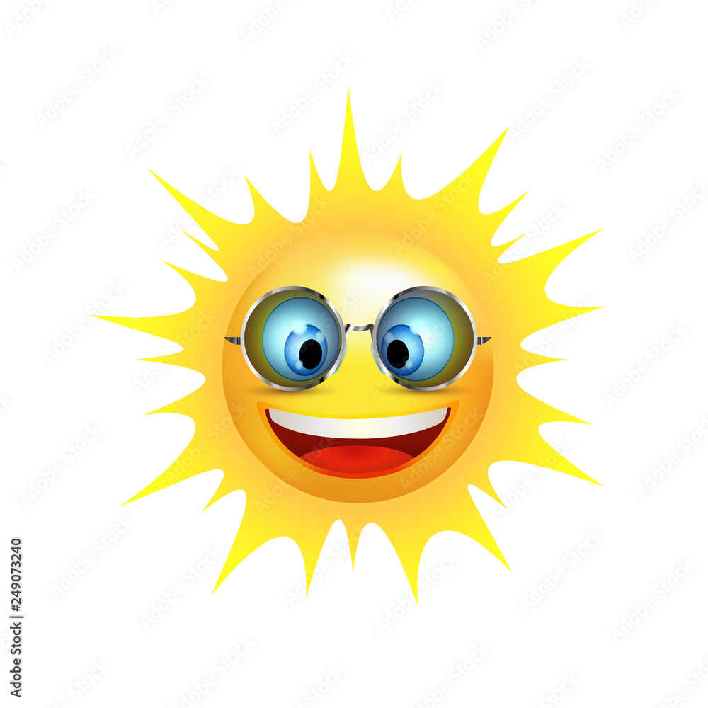 Summer with sun face character smiling. Cartoon sun smiling with trend sunglasses. Vector 3d illustration