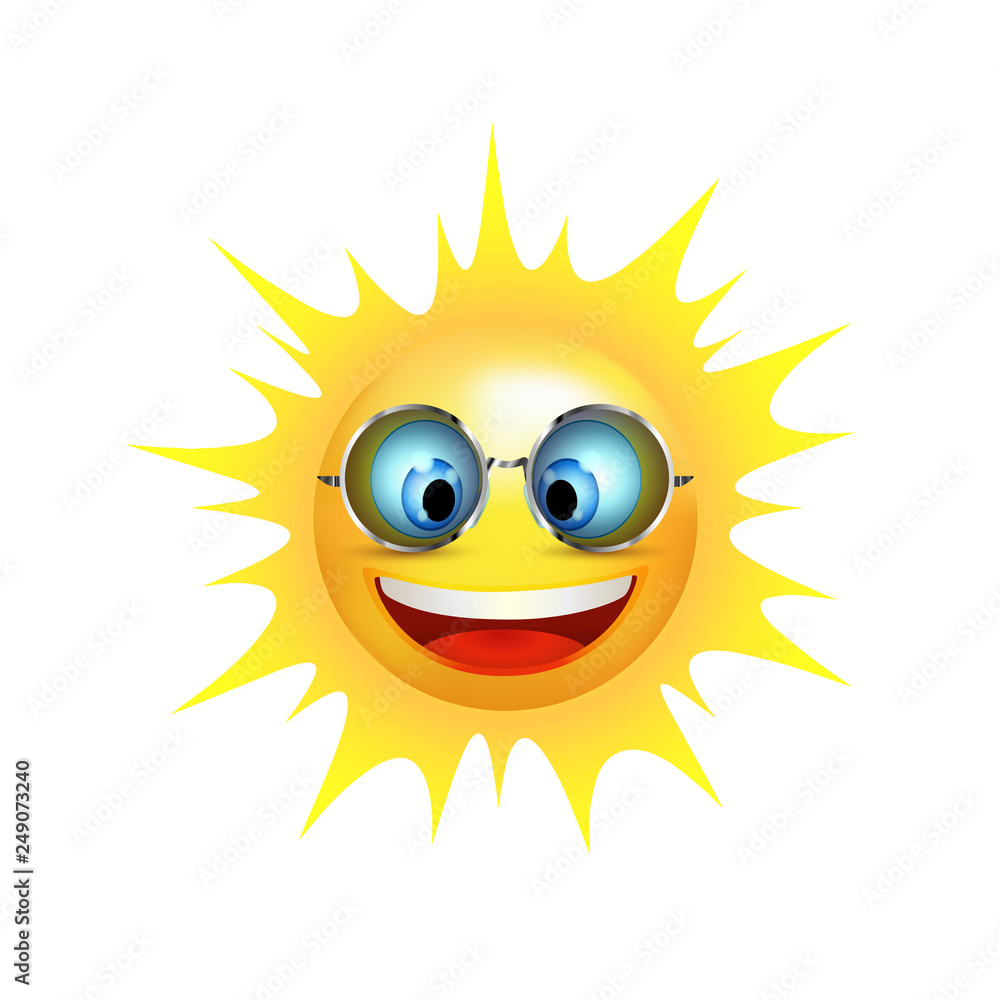 Summer with sun face character smiling. Cartoon sun smiling with trend sunglasses. Vector 3d illustration Summer with sun face character smiling. Cartoon sun smiling with trend sunglasses. Vector 3d illustration