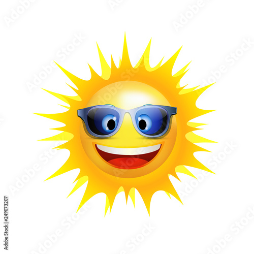 Summer concept with sun face character smiling. Cartoon sun smiling with trend sunglasses. Vector 3d illustration