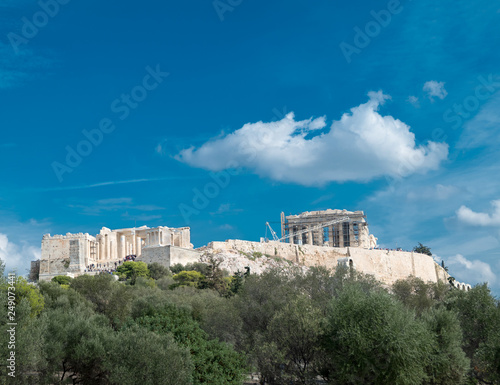 Athens, Parthenon ancient Greek temple on Acropolis hill, view from the west