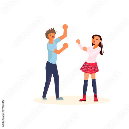 Young man and woman quarrelling and making a loud public scandal