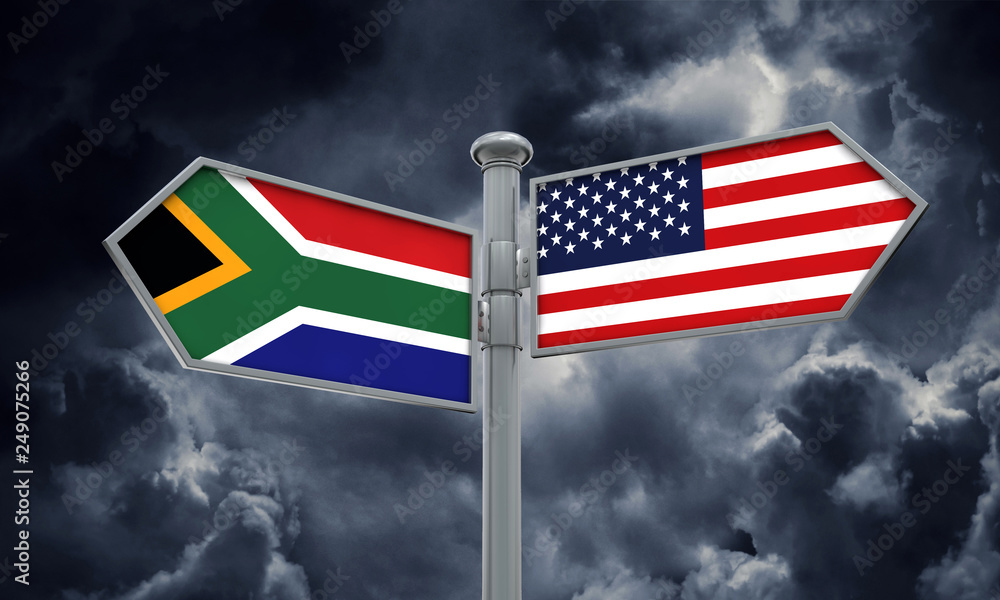 South Africa and America flag moving in different direction. 3D Rendering