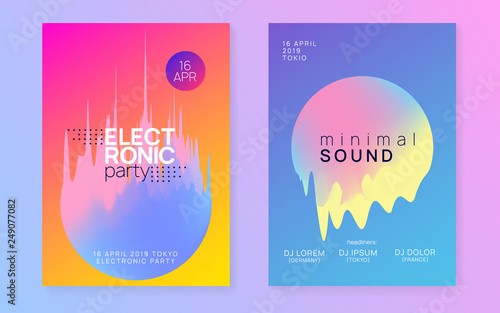 Summer music set. Fluid holographic gradient shape and line. Abstract trance club invitation layout. Electronic sound. Night dance lifestyle holiday. Fest poster and flyer for summer music.