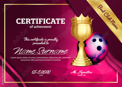 Bowling Certificate Diploma With Golden Cup Vector. Sport Graduation. Elegant Document. Luxury Paper. A4 Horizontal. Championship Illustration