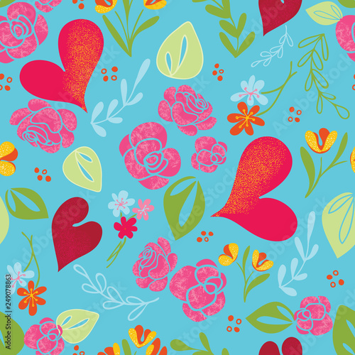 Blue Hearts & Roses Seamless Vector Pattern