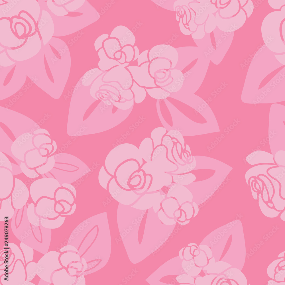 Pink Roses & Leaves Seamless Vector Pattern