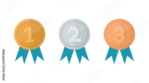 Champion gold, silver and bronze award medals with blue ribbons isolated on white background