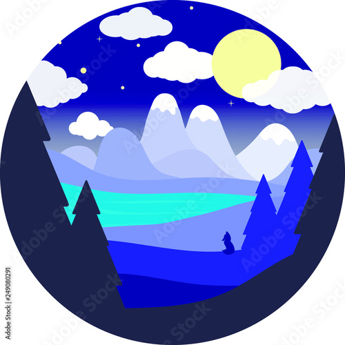 Flat round landscape.Night sky, blue river, Fox silhouette, mountains.
