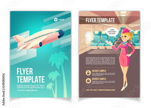 Airline company, travel agency services cartoon vector brochure or booklet pages template. Flying airliner and happy smiling stewardess welcoming passengers on board of comfortable plane illustration