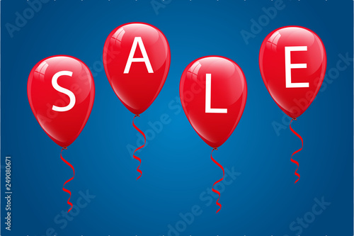 Sale word on red balloons on blue wall background