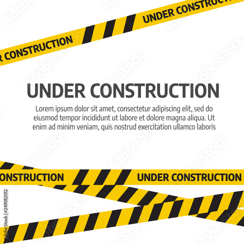 Under construction website page. Under construction tape warning banner vector