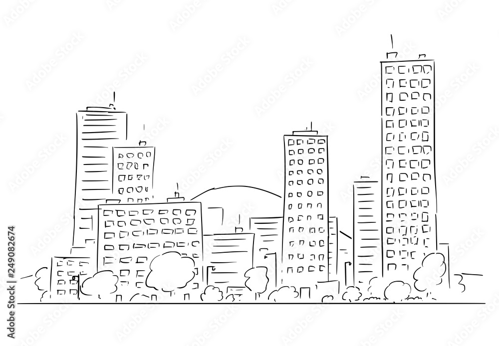 Cartoon vector drawing of cityscape landscape, modern high residential or commercial buildings.