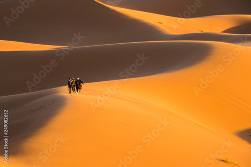 Merzouga   Morocco - March 26  2018  Four people walking by Erg Chebbi dunes in the Sahara at sunset