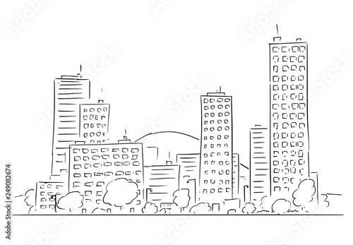 Cartoon vector drawing of cityscape landscape, modern high residential or commercial buildings.