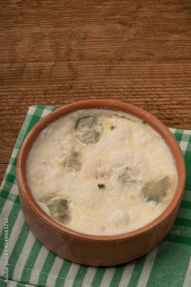 a bowl of moldy yogurt on wooden table