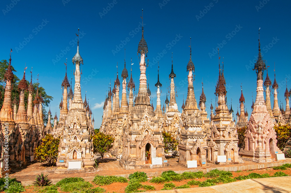 Kakku pagodas are nearly 2500 beautiful stone stupas hidden in a remote area of Myanmar near the lake Inle. This sacred place is on the territory of the PaO people. Shan state, Myanmar. Kakku pagodas are nearly 2500 beautiful stone stupas hidden in a remote area of Myanmar near the lake Inle. This sacred place is on the territory of the PaO people. Shan state, Myanmar.