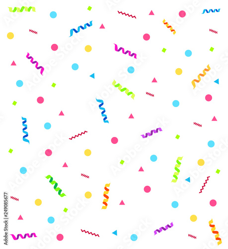 Confetti festive ribbons vector, party decoration design. Shiny flying papers for festival or birthday celebration, decor falling shaped dots and lines