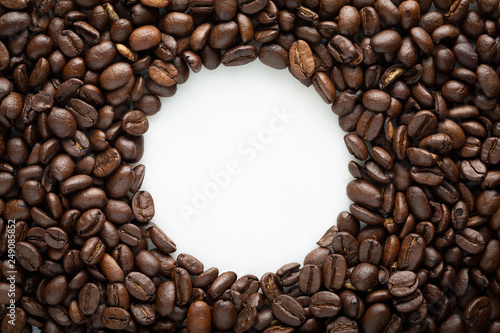 Coffee beans in arch on a white background text space in centre