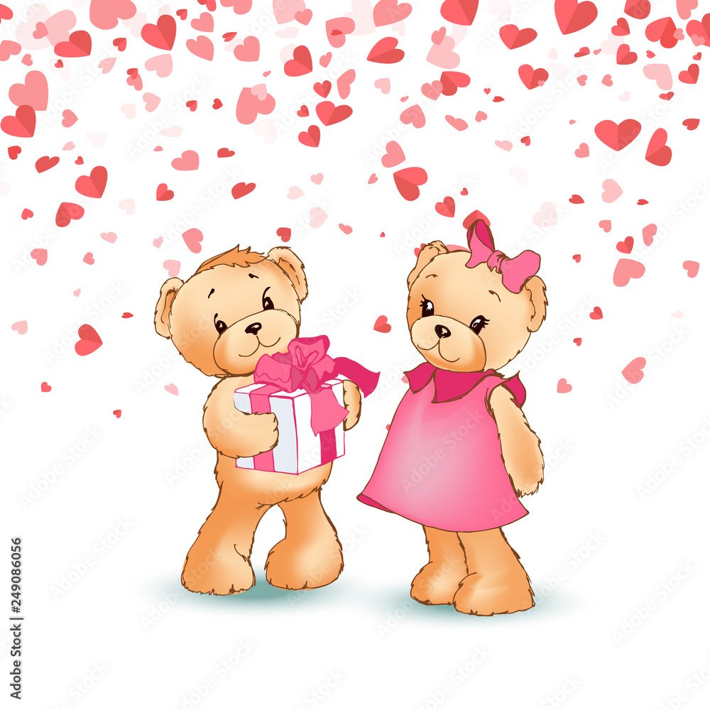 Teddy boy giving gift box to girl, present wrapped wide ribbon, festive card with hearts. Toy character with pink bow, cartoon bear Valentine day vector