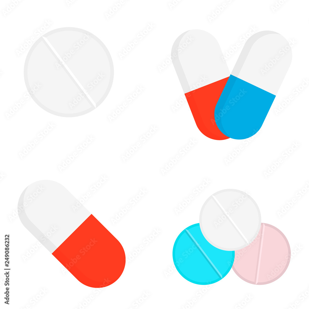 Drugs and Pills isolated on white background, Medical pill, Tablet symbol. Vector Illustration. Drugs and Pills isolated on white background, Medical pill, Tablet symbol. Vector Illustration.