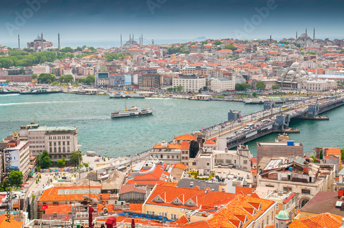 View from the Galata Tower across the Galata Bridge and Golden Horn to Eminonu district, Istanbul, Turkey.