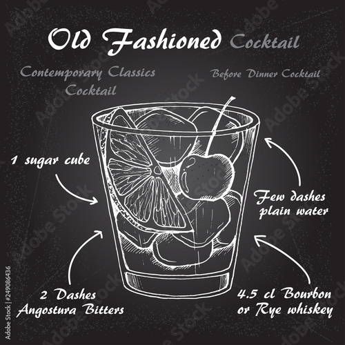 Vector illustration of alcoholic cocktail Old Fashioned sketch