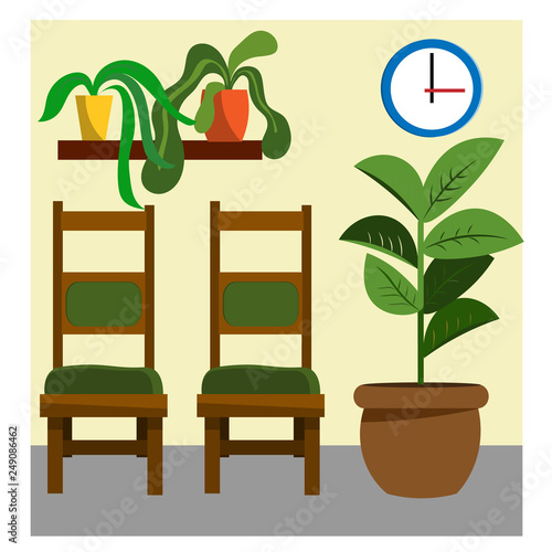Waiting room with chairs and indoor plants. Illustration in flat style.