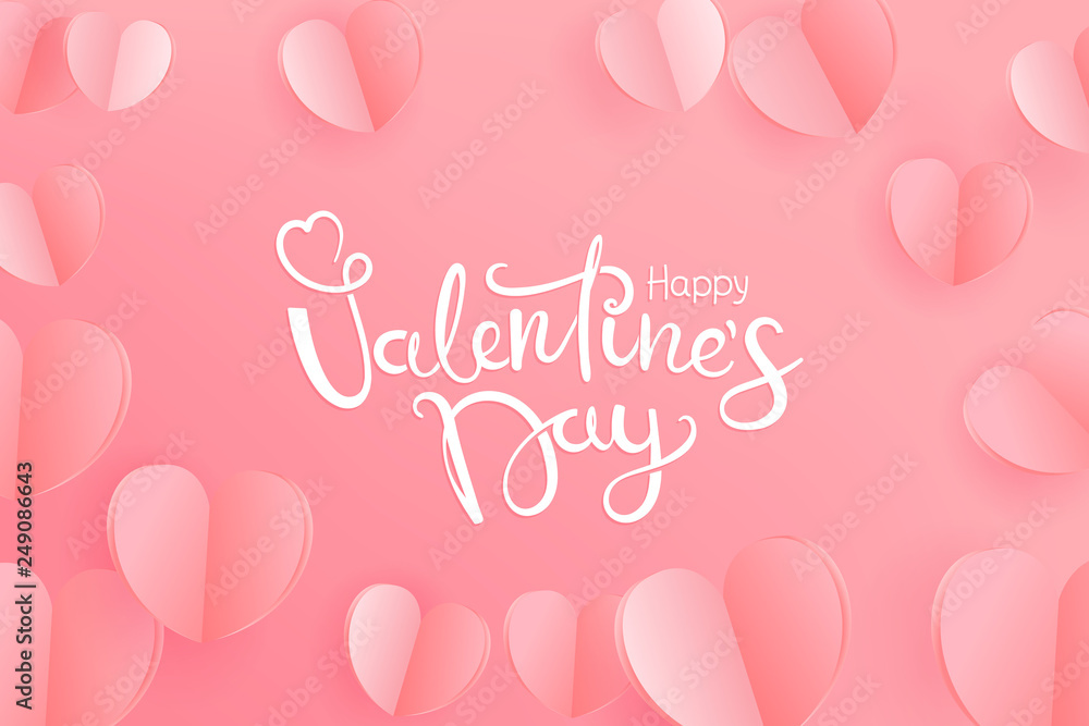 Happy Valentine`s Day greeting card. Paper hearts on pink background
