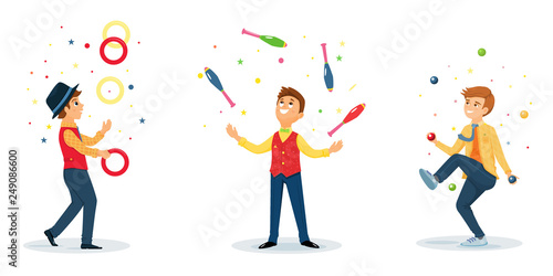 Set of jugglers perform a circus trick. Artist jugging rings,maces and balls.Circus performer.Vector illustration. Cartoon flat style. © romalya