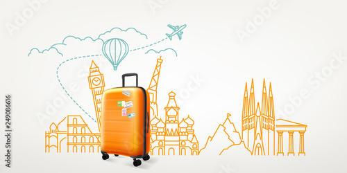Fototapeta Photoreal suitcase with different travel destination elements