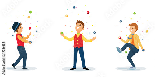 Set of jugglers perform a circus trick. Artist jugging rings,maces and balls.Circus performer.Vector illustration. Cartoon flat style.