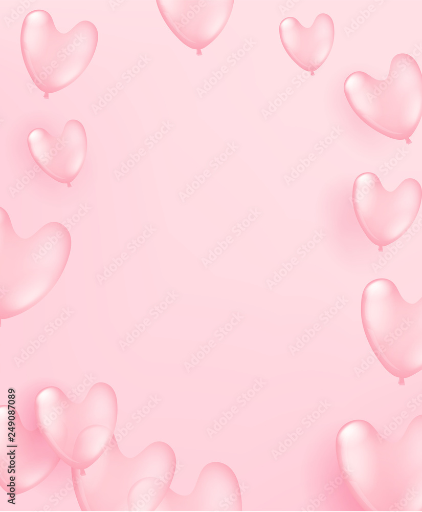 Flying pink balloons vertical composition. Valentine`s Day and Mother`s Day celebration card template