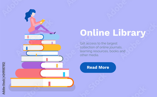 Online library woman reading books on publication pile web vector. Information gaining, obtaining knowledge, exam preparation page with text sample