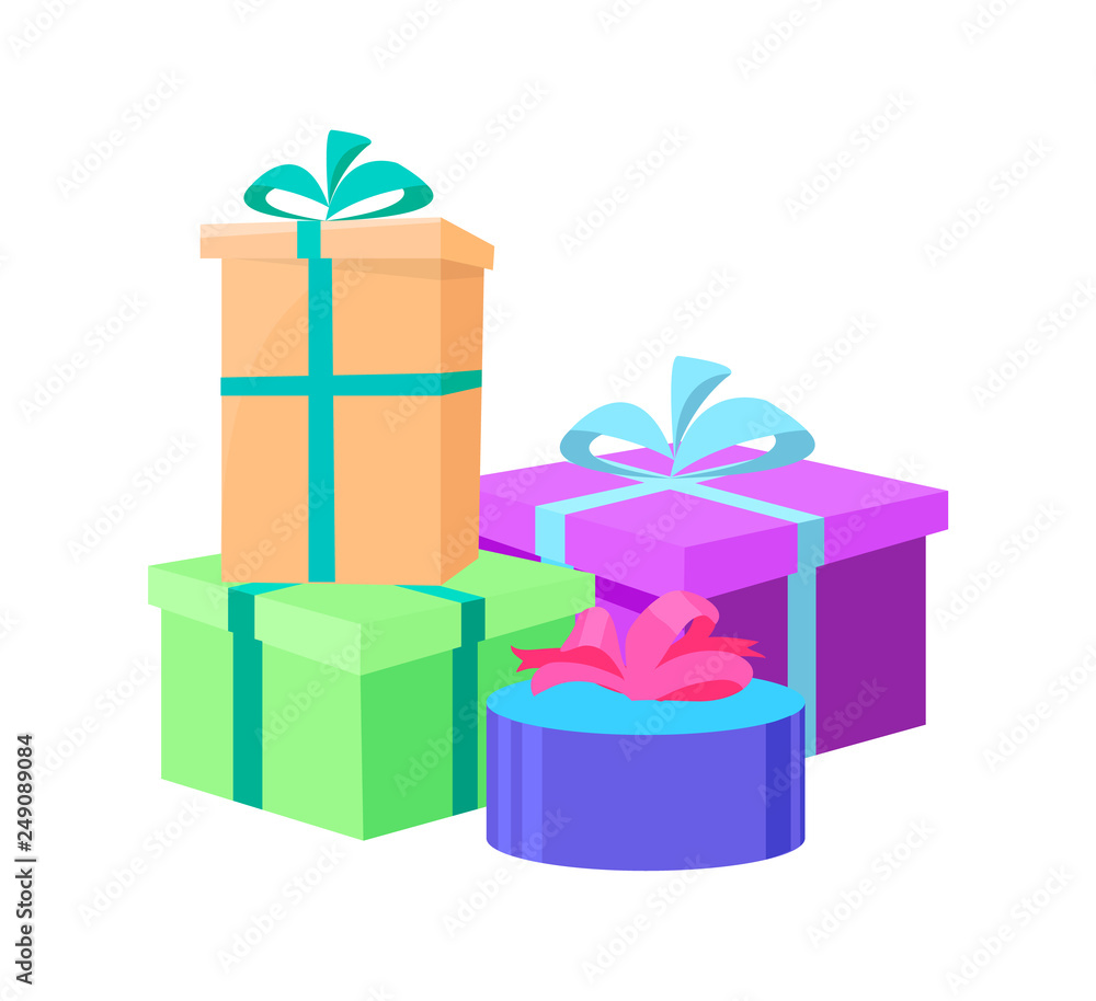 Obraz premium Wrapped gift boxes in decorative paper vector isolated heap of presents. Square and round shape packages decorated by bows, surprises on birthday party and holidays