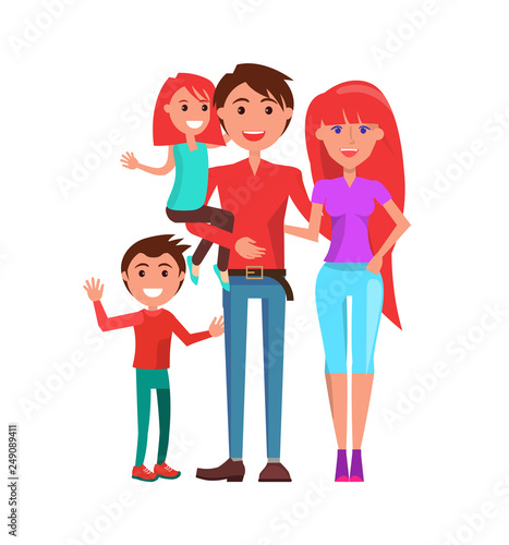 Family mother, father and two kids isolated on white. Vector parents, boy and girl, redhead mom and daughter, brunette son and dad, couple with infants