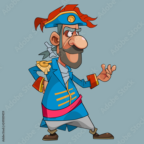 Cartoon man in theatrical medieval dress captain stands in a pose