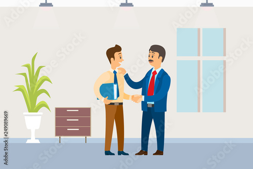 Working order, boss giving instructions to employee, conversation between colleagues. Leader encouraging coworker, praising for good job, interior design
