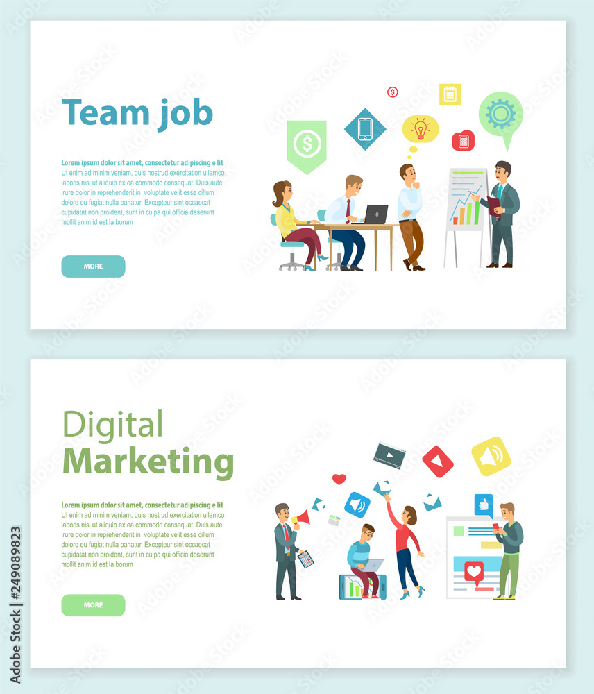 Digital marketing and team job online web pages vector. Conference graphics on board and office workers with laptops, analyzing market and teamwork. Website or webpage template, landing page in flat Digital marketing and team job online web pages vector. Conference graphics on board and office workers with laptops, analyzing market and teamwork. Website or webpage template, landing page in flat