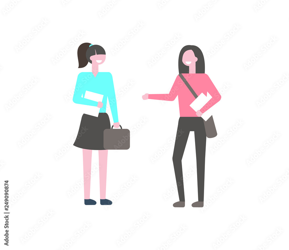 Campus students, two girls with papers and bags isolated on white background. College learners talking, school friends in cartoon style, vector pupils Campus students, two girls with papers and bags isolated on white background. College learners talking, school friends in cartoon style, vector pupils