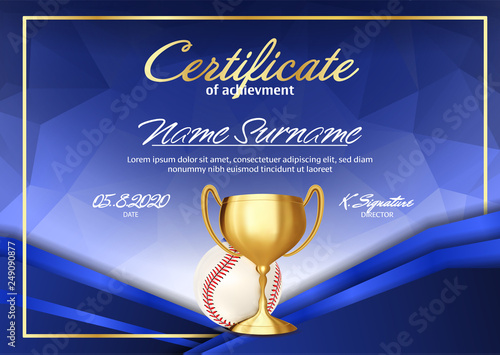 Baseball Game Certificate Diploma With Golden Cup Vector. Sport Graduate Champion. Best Prize. Winner Trophy. A4 Horizontal. Illustration