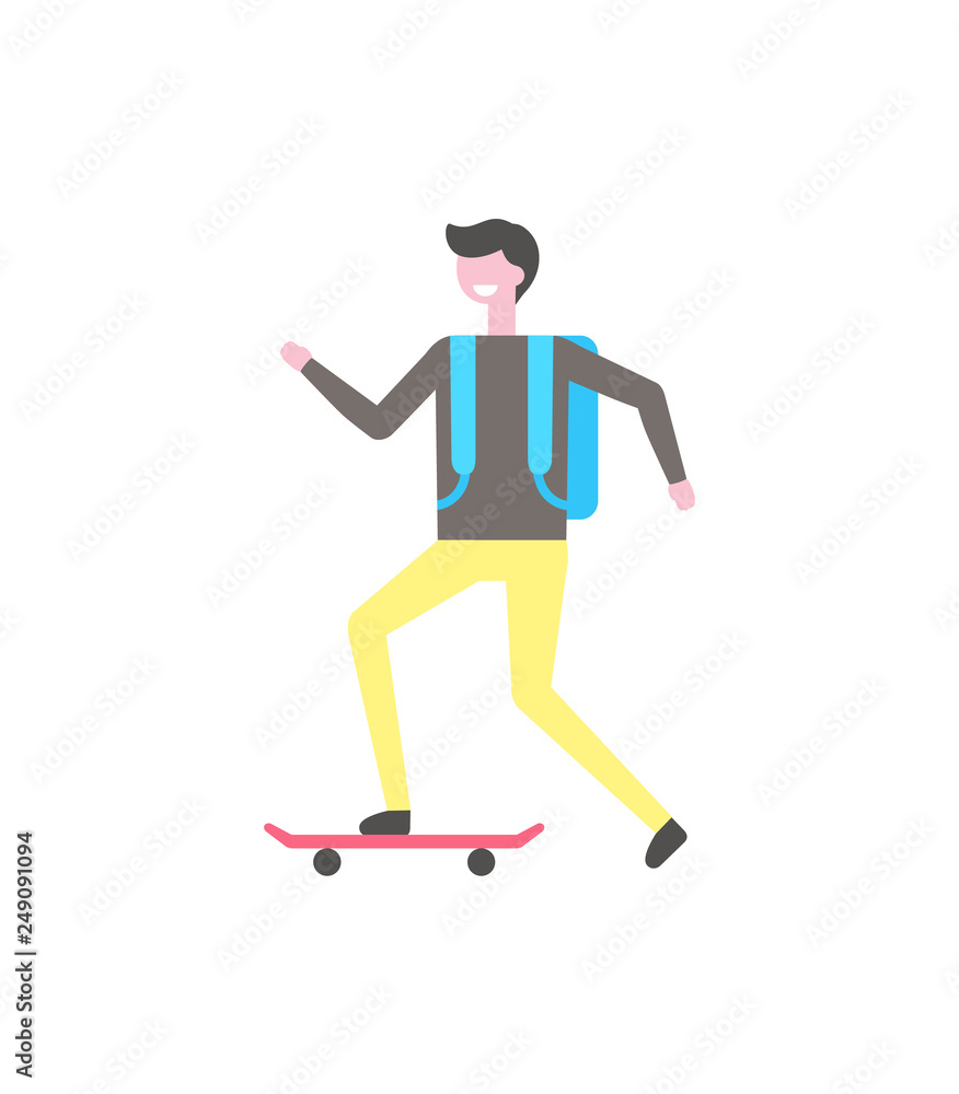 Student skating on skateboard, narrow equipment with two wheels vector isolated icon. Male skater ride on board, smiling cartoon character with backpack