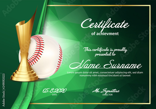 Baseball Certificate Diploma With Golden Cup Vector. Sport Vintage Appreciation. Modern Gift. Print Blank. A4 Horizontal. Event Illustration